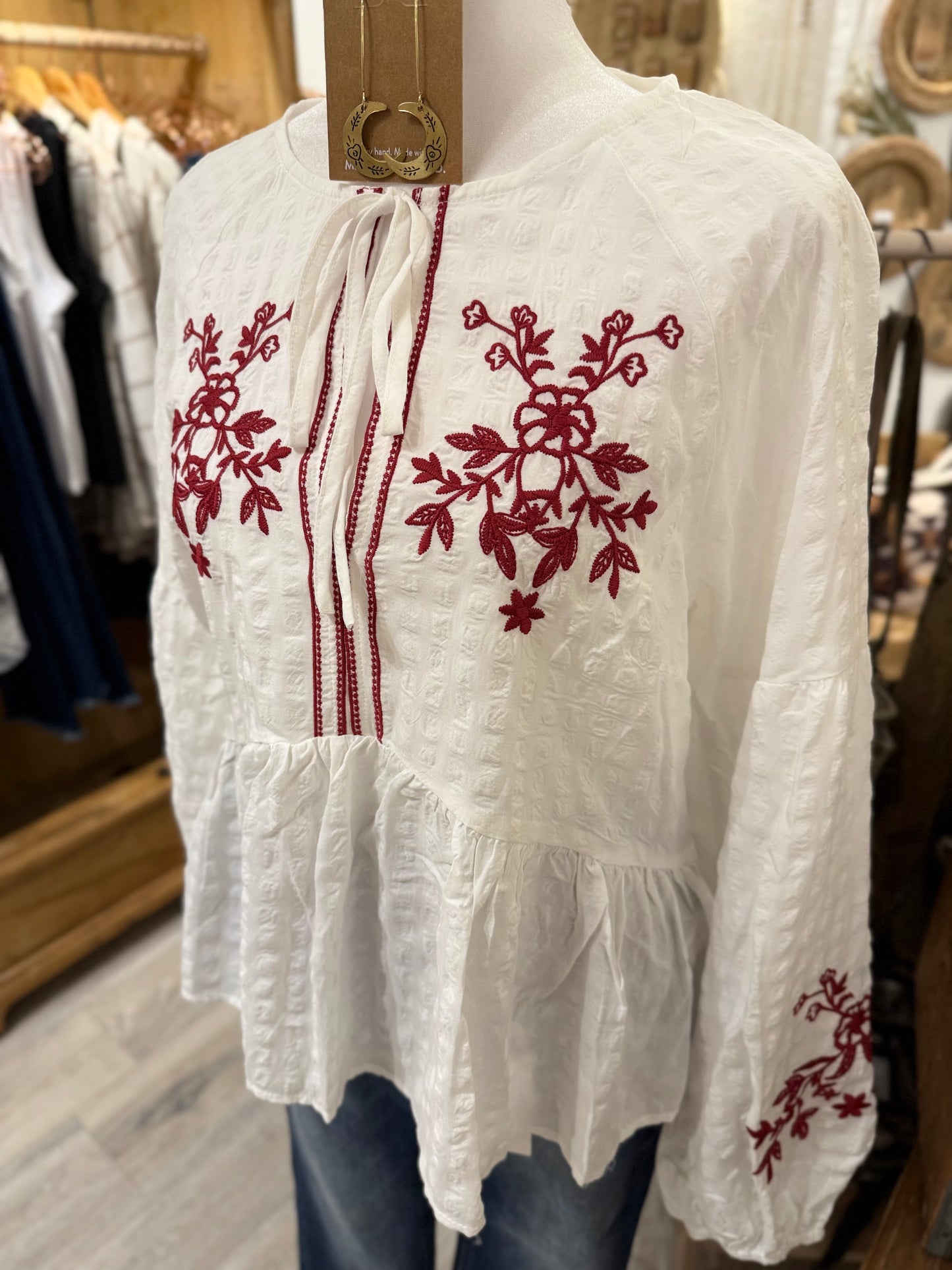 Tie Neck Floral Embroidered Blouse