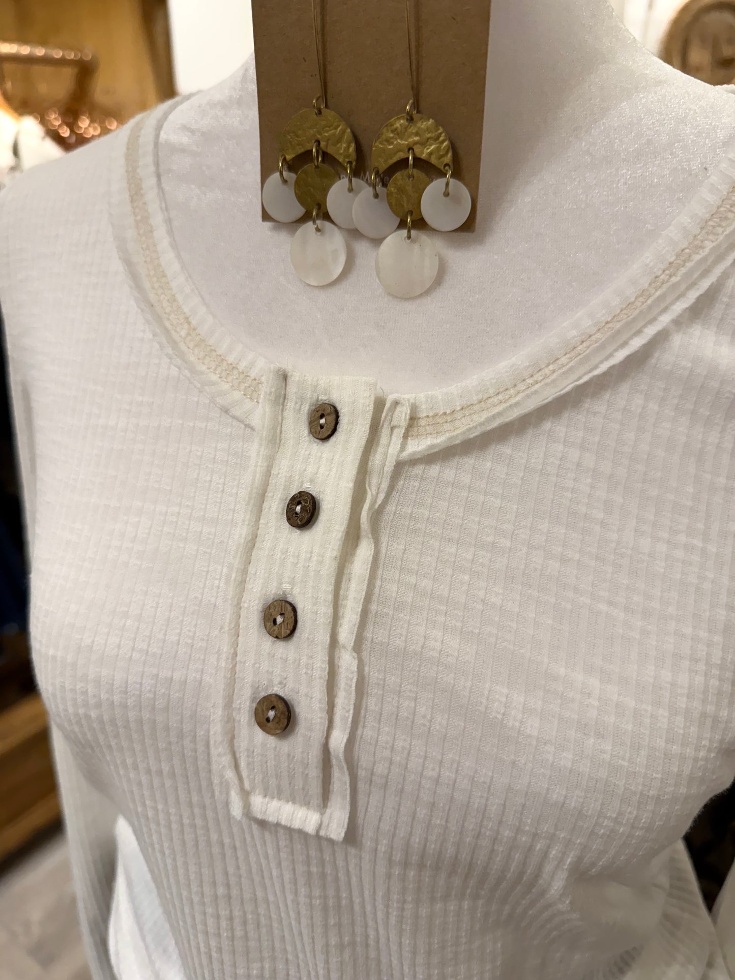 Ribbed Henley Long Sleeve Top (ivory)