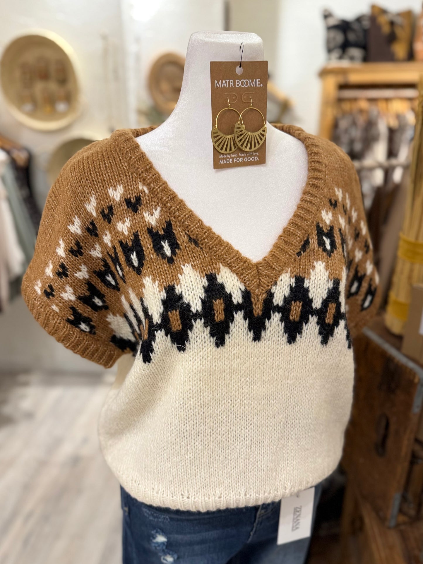 Fair Isle Short Sleeve Knit Sweater