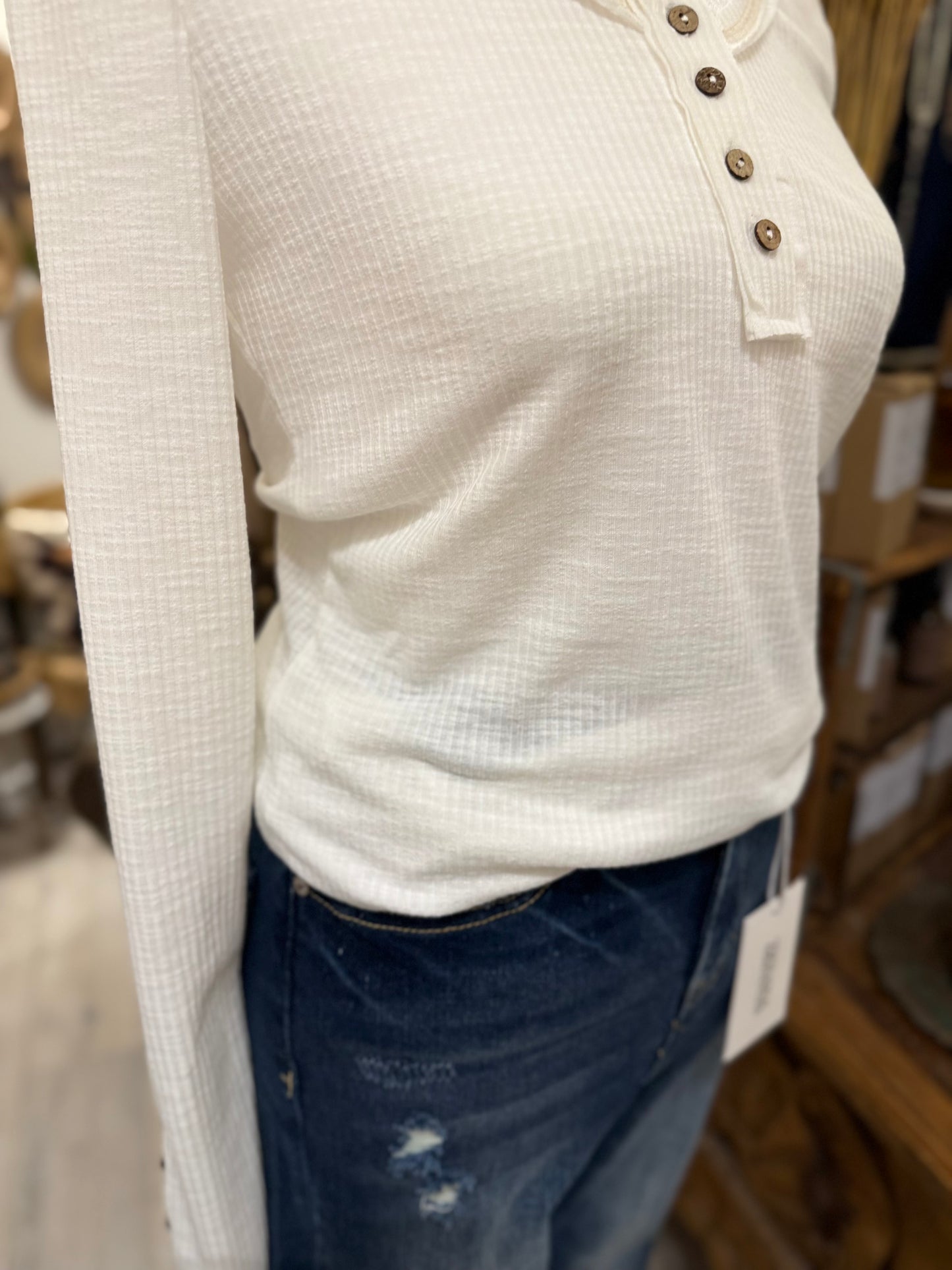 Ribbed Henley Long Sleeve Top (ivory)