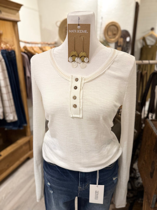 Ribbed Henley Long Sleeve Top (ivory)