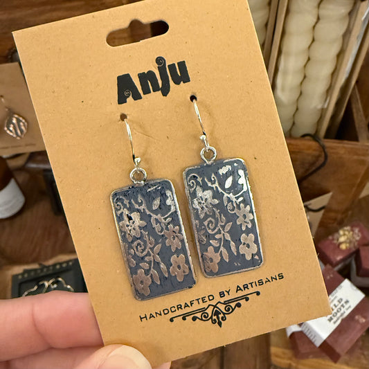 Silver Patina Earrings- Blue Floral