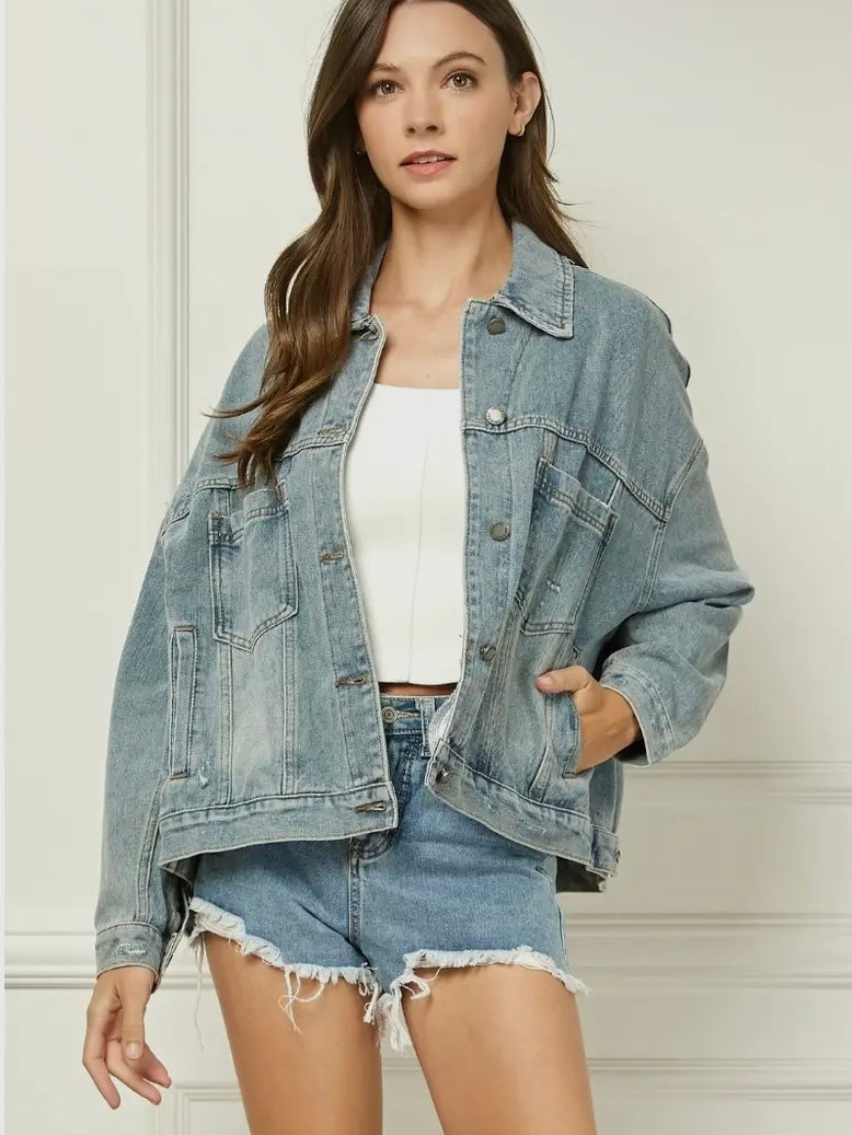 Oversized pleated back denim jacket