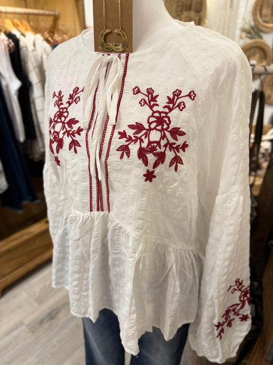 Tie Neck Floral Embroidered Blouse
