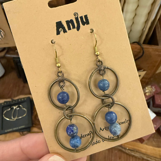Wire-Wrapped Stone Earrings - Antique Brass, Lapis Lazuli