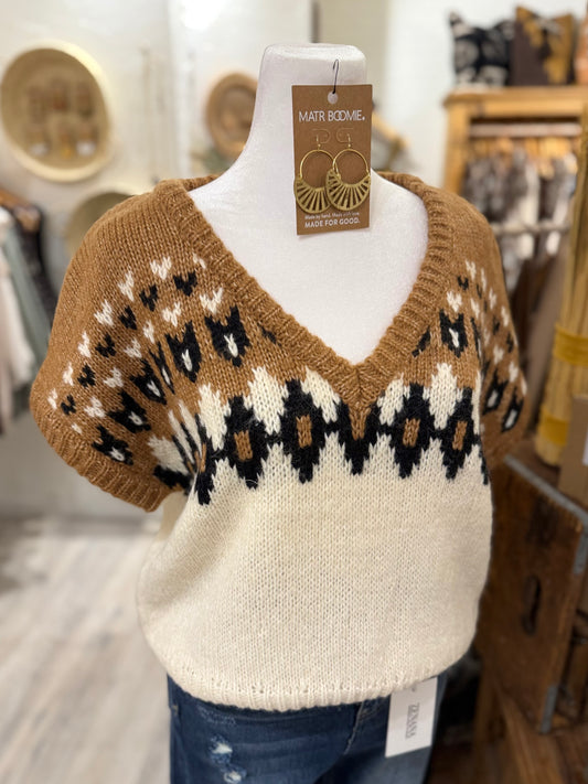 Fair Isle Short Sleeve Knit Sweater