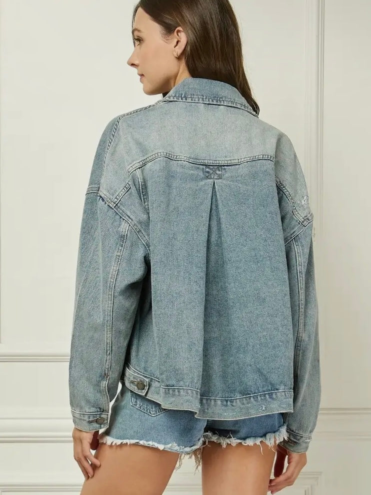 Oversized pleated back denim jacket